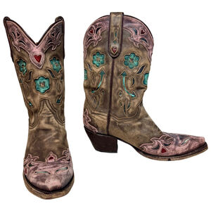 Dan Post Arrow Boots 8.5 Brown Pink Teal Flowers Heart Cutouts